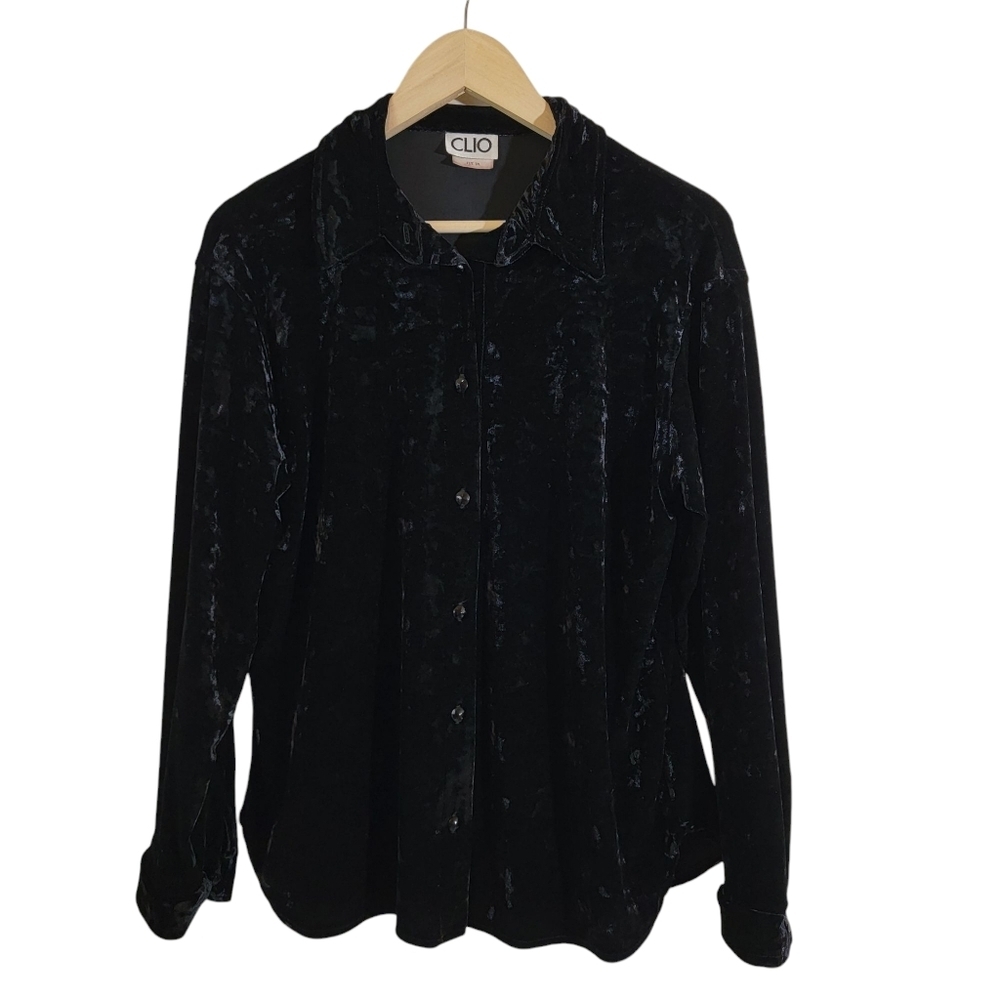 VTG Clio Black Burnout Velvet Button-Up Shirt King Sleeve Sz SML Y2K Whimsigoth